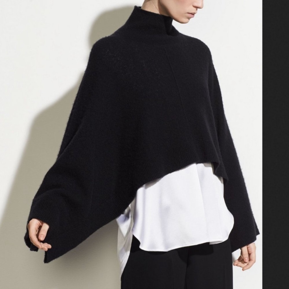Vince Cashmere Wool Poncho Sweater Cape Shrug XS/S Black Turtleneck Luxury Cozy